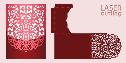 Die laser cut wedding invitation card template vector. Wedding pocket envelope or greeting card with abstract ornament. Open card. Suitable for greeting cards, invitations, menus.