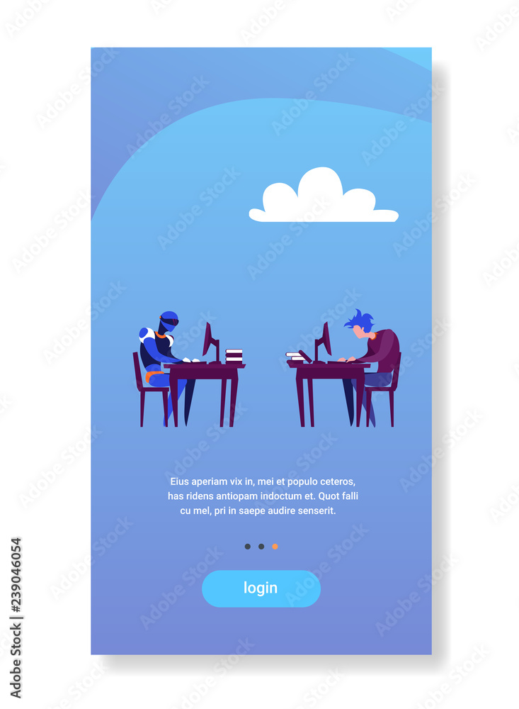 Poster human vs artificial intelligence businessman and robot working on computers flat vertical copy space