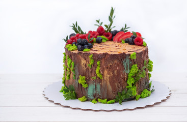 homemade cake in the form of a forest old tree stump with berries