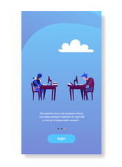 human vs artificial intelligence businessman and robot working on computers flat vertical copy space