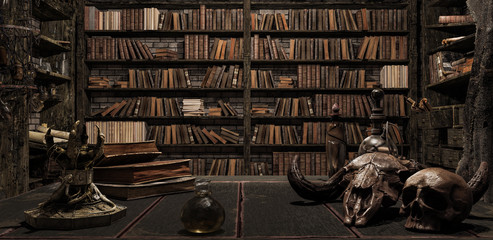 Fototapeta premium pokój czarodzieja z biblioteką, starymi książkami, eliksirem i przerażającymi rzeczami 3d render 3d illustration