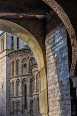 The old city walls of Toledo, Castile-La Mancha, Spain. around the New Bisagra Gate (Puerta Nueva Bisagra), the best known city gate of Moorish origin, rebuilt in 1559