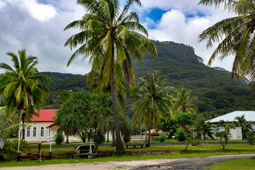 Mountain in tropical vegetation on the island of Papeete, in the Leeward group of the Society...