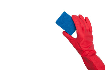 Woman in red gloves holding sponge on white background. Cleaning service. The concept of cleanliness and order.