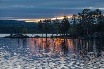 North Russian lake landscape on sunset, Murmansk region