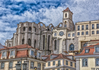 Fototapeta na wymiar Stylized Cityscape With Tower, Lisbon, Portugal