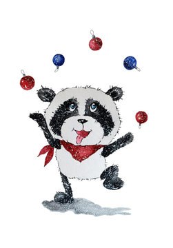 The illustration shows a funny cartoon panda who plays with Christmas balls. Illustration executed in traditional chinese style, isolated on white background.
