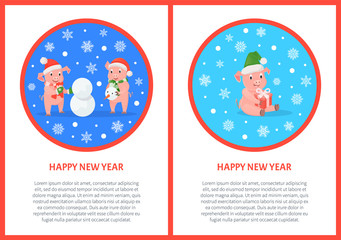 Fototapeta premium Happy New Year Greeting Cards Pigs in Round Frame