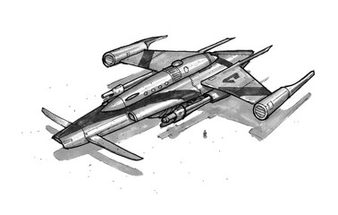 Black and white ink concept art drawing of futuristic or sci-fi spaceship or spacecraft. © Zdenek Sasek