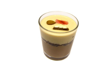 Chocolate dessert in glasses. Chocolate mousse or pudding in portion glasses with  close up. Desserts for business meeting conference concept