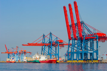 Cargo vessel are loaded in a container Terminal in Gothenberg, Sweden