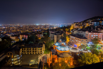 Bursa city night time view with lights in Turkey