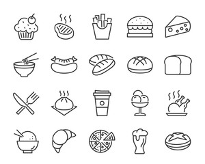 set of food icons, such as bread, meat, fries, breakfast, drinks