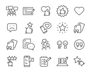 set of feedback line icons, such as, question, review, test, app, emoji, survey