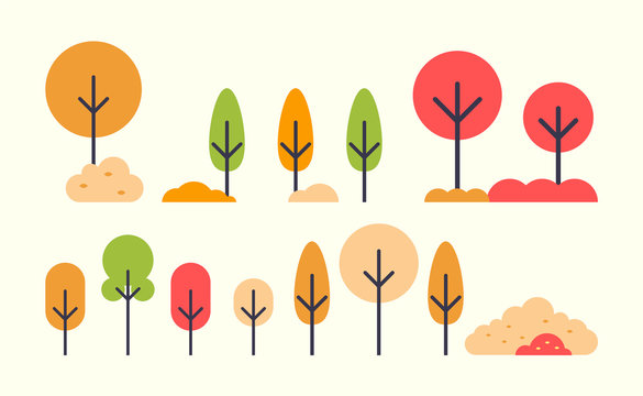 Set of Autumn Trees Icons in Flat Style. Autumnal