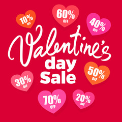 Valentines Day sale poster. handwritten lettering. Set of discount tags 10,20,30,40,50,60,70 percent off in the shape of hearts. Holiday offer. Vector illustration isolated on red.