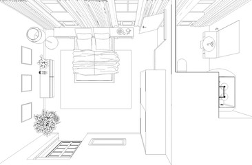 interior contour visualization, 3D illustration, sketch, outline