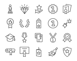 set of award line icons, such as star, champion, prize, acheivement, winner, trophy, glory, certificate