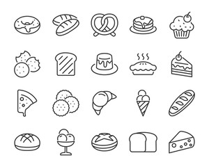 set of bakery icons , such as bake, bread, toast, pie, waffle, pizza, donut, cake
