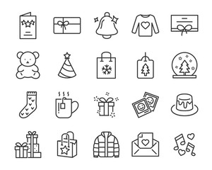 set of chistmas line icons, such as box, gift, winter