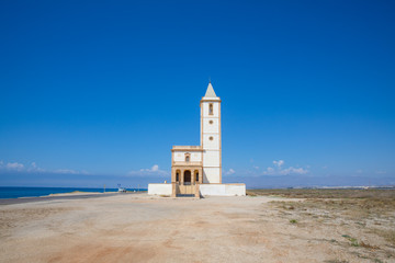 facade of church Las Salinas of Cabo de Gata, built in year 1907, in Almadraba de Monteleva (Almeria, Andalusia, Spain, Europe)