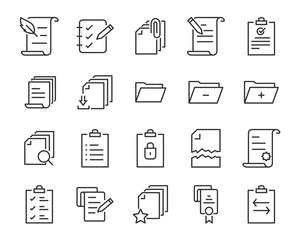 set of document icons, such as files, checkmark, find, search, paper