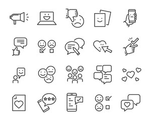 set of feedback line icons, such as, question, review, test, app, emoji, survey