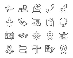 set of world map vector line icons, such as map, way, globe