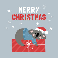 Cute koala character Christmas card. © girafchik
