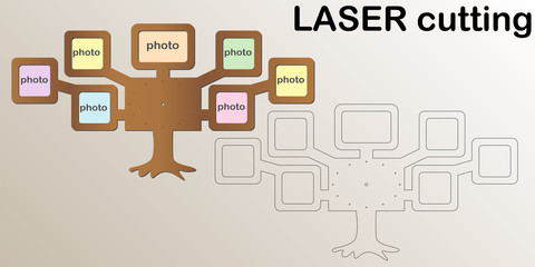 Laser cut clock and photoframe as tree for interior. Template laser cutting machine for wood and metal. The perfect gift for St. Valentine's Day or Wedding day.