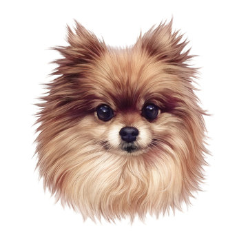 Pomeranian dog. Illustration of handsome puppy isolated on white background. Cute Spitz. Small Toy dog Breed. Hand drawn Portrait. Animal art collection Dogs. Design template. Good for print T-shirt