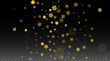 Christmas  Vector Background with Gold Falling Snowflakes Isolated on Transparent Background. Realistic Snow Sparkle Pattern. Snowfall Overlay Print. Winter Sky. Design for Party Invitation.