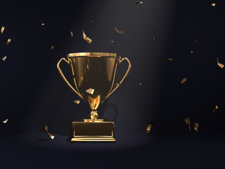 Gold Trophy and confetti, win cup prize, award concept, 3d rendering