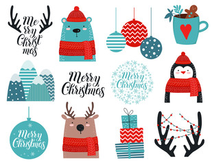 Merry Christmas and Happy New Year sticker collection on dark background