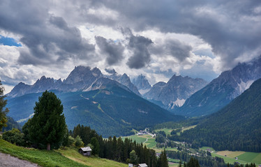 Fototapeta na wymiar The Sexten Dolomites before a storm, including the Sextner Rotwand (Croda Rossa di Sesto), South Tyrol, Italy