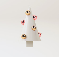 White minimal Christmas creative concept: Christmas tree with balls on white background. 3d rendering illustration.