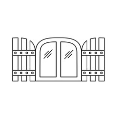 Arched window board and batten wood shutters. Vector line icon