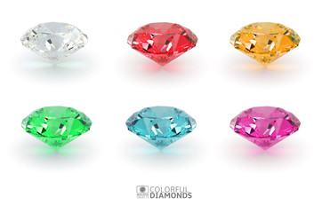 Set of shiny realistic 3d diamonds isolated on white background, front view, vector illustration