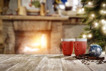 Table background and christmas mug on desk 