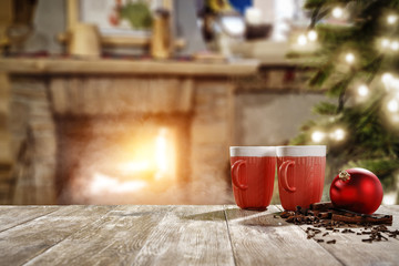 Table background and christmas mug on desk 