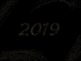 2019 new year card, design with gold dust, sequins on black background