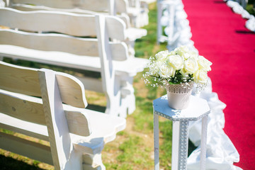 Wedding ceremony in the mountains. Sunny day and amazing landscape.