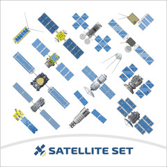 Vector isolated illustration of flat satellite with radar, solar panel and dish on a white background.