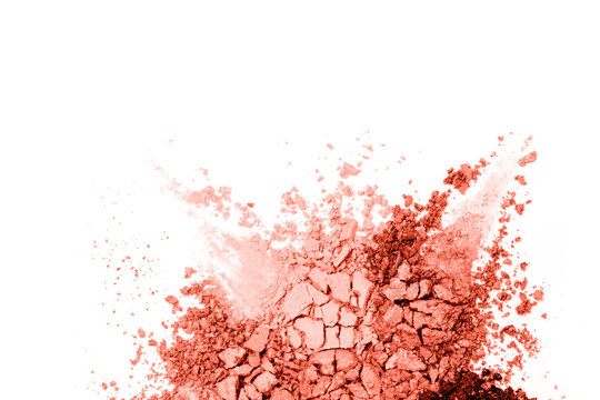 A broken colored in color of 2019 Coral eye shadow make up palette. flat lay. Copy space for your text. Creative fashion and beauty coral concept.