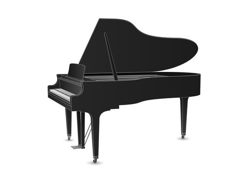 Beautiful realistic detailed grand piano vector in black color with white outlines.