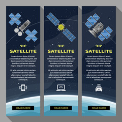  Set of vertical banners with isolated communication satellite in space with earth, stars background, text, button and icon. Universal template for a web site.