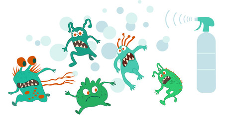 Running monsters on white background. Bacterium extermination. Hand drawn vector illustration
