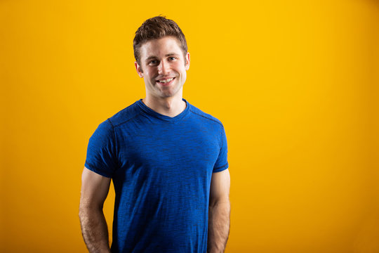 Handsome Young Man Wearing Tee Blue Tee Shirt