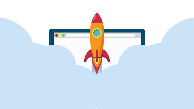 Animation flat line business and startup design for creative business. Rocket Launch from a computer.