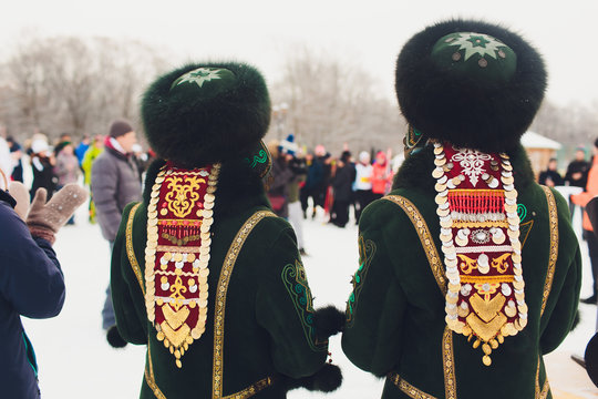 Beautiful girls in national Bashkir costumes. peoples of Russia.